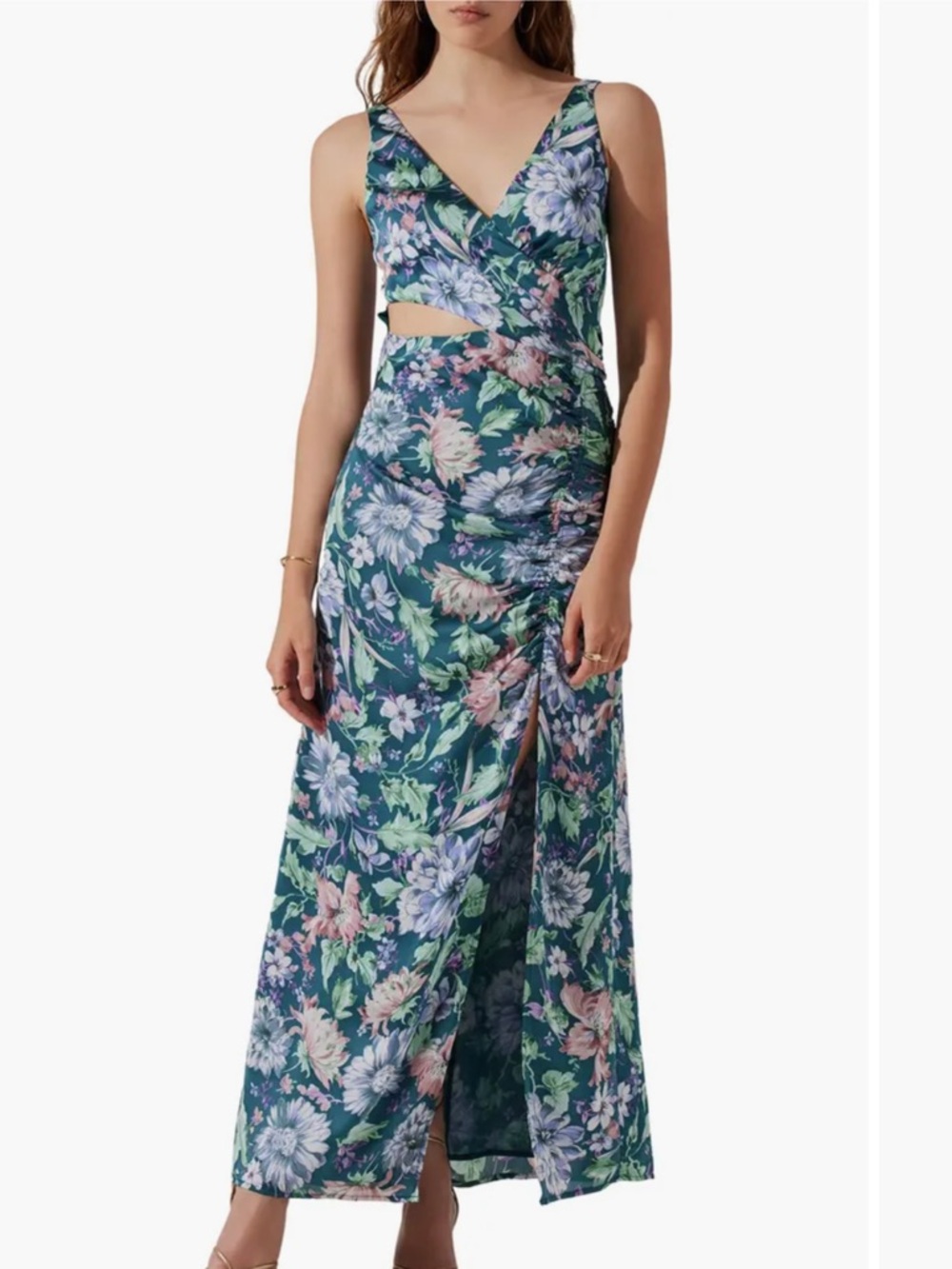 LIKE NEW ASTR Floral V-Neck Maxi Dress with cutout in Teal and Pink Floral Print